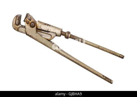 Old pipe wrench some rust isolated on a white background Stock Photo
