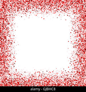 Vector card with shimmer. Greeting card with hearts. Red sparkle. Shimmer. Sparkles. Red frame of hearts. Border. Confetti. Stock Photo