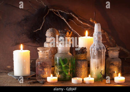 witch apothecary jars magic potions halloween decoration Stock Photo