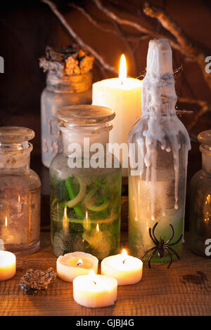 witch apothecary jars magic potions halloween decoration Stock Photo