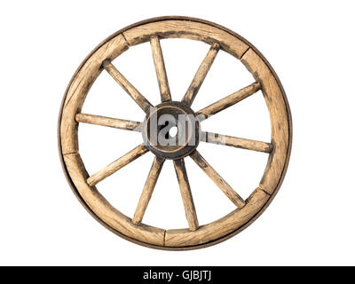 Old wooden wagon wheel isolated on white background Stock Photo