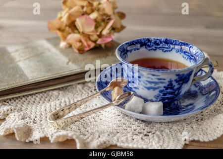 Nostalgic scene of tea in antique blue and white china cup and saucer with brown and white sugar cubes and tongs on lace cloth Stock Photo