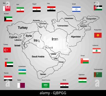 Middle east vector map set of states and flags. Countries collection vector illustration. Asia icon of middle east states. Stock Vector