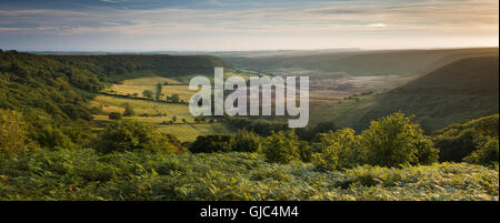 Evening summer sunlight on the Hole of Horcum, a natural landscape feature -North York Moors National Park, Ryedale, England. Stock Photo