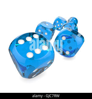 3D Render of 6 blue dices rolling forward. Stock Photo