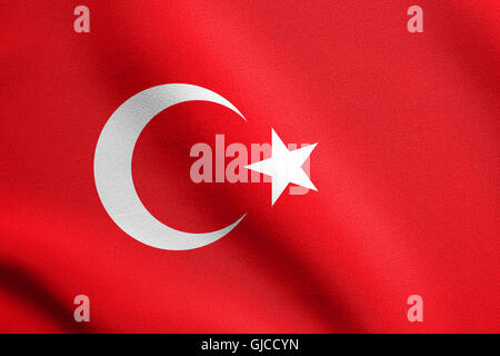 Flag of Turkey waving in the wind with detailed fabric texture. Turkish national flag. Stock Photo