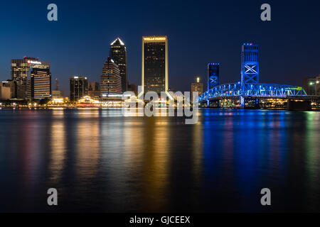 Downtown Jacksonville Skyline at Night, Jacksonville, Florida Stock Photo