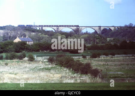 1975 blue sky view, looking west across fields, towards the 1838 stone arch Victoria Viaduct, with two British Rail Class 40 Diesel Locomotives pulling trucks, crossing the valley of the River Wear, Washington New Town, Tyne and Wear, North East England, UK Stock Photo