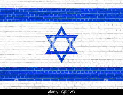 Flag of Israel on brick wall texture background. Israeli national flag. Stock Photo