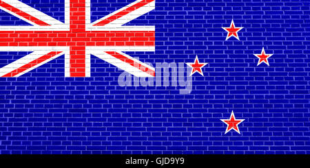 Flag of New Zealand on brick wall texture background. New Zealand national flag. Stock Photo