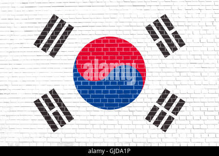 Flag of South Korea on brick wall texture background. South Korean national flag. Stock Photo