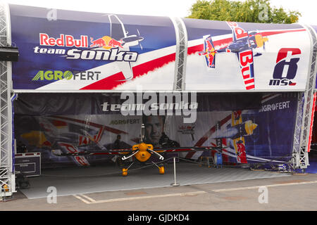 The hanger of Martin Šonka (CZE) shortly before the last day of racing at the Red Bull Air Race, Ascot, United Kingdom.  The Red Bull Air Race features the world’s best race pilots in a pure motorsport competition that combines speed, precision and skill. Using the fastest, most agile, lightweight racing planes, pilots hit speeds of 370kmh while enduring forces of up to 10G as they navigate a low-level slalom track marked by 25-meter-high, air-filled pylons.  The final race winners were Matt Hall (AUS) who took gold, Matthias Dolderer (GER) who took silver and Hannes Arch (AUT) who took bronze Stock Photo