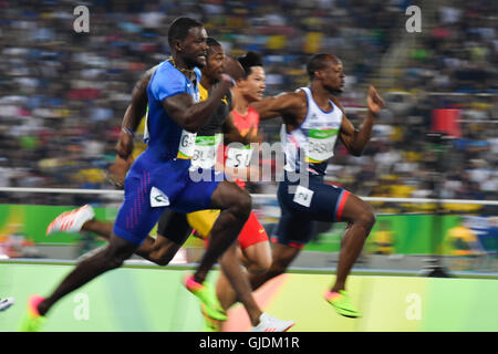 RIO DE JANEIRO, BRAZIL - AUGUST 14: Justin Gatlin of the USA and Yohan Blake of Jamaica in the semi final of the mens 100m during the evening session on Day 9 Athletics of the 2016 Rio Olympics at Olympic Stadium on August 14, 2016 in Rio de Janeiro, Brazil. (Photo by Roger Sedres/Gallo Images) Stock Photo