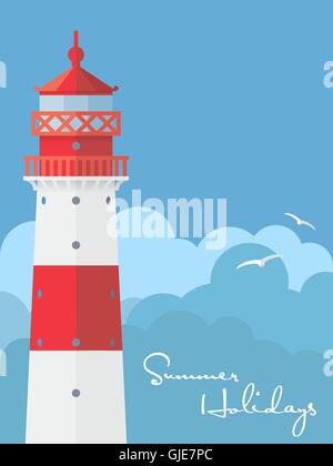 Summer Holidays poster or greeting card with flat design lighthouse Stock Vector