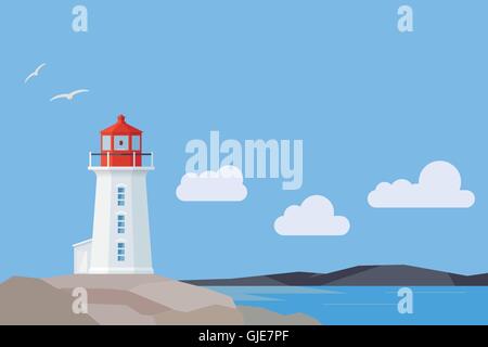 Peggys Cove lighthouse and Nova Scotia landscape, flat design style Stock Vector