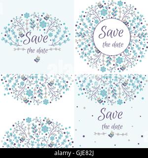 Set of vector floral frames. Cute collection of wreaths made of hand drawn leaves and flowers. Vintage set for invitations. save the date cards and other design. Stock Vector