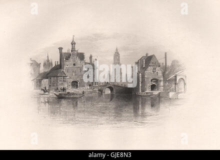 Old Gates of DELFT, Netherlands. Pilgrim fathers. BARTLETT, antique print 1854 Stock Photo