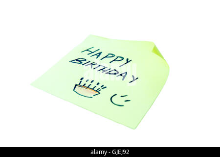 Post it with happy birthday written on a white background Stock Photo