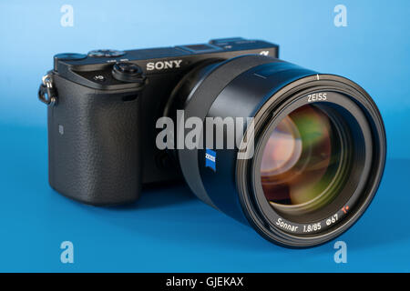 BERLIN, GERMANY - June 06, 2016: Sony Alpha a6300 Mirrorless Fast-focusing and 4K-shooting Digital Camera with Zeiss 85mm Lens Stock Photo