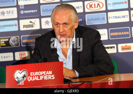 The head coach of Ukraine M. Fomenko speaking at the press conference after the EURO 2016 qualifier Slovakia vs Ukraine 0-0. Stock Photo