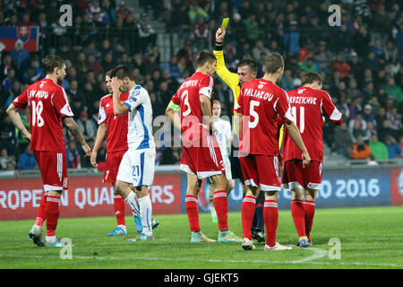 The referee shows yellow card to Alexander Sorloth of Atletico de