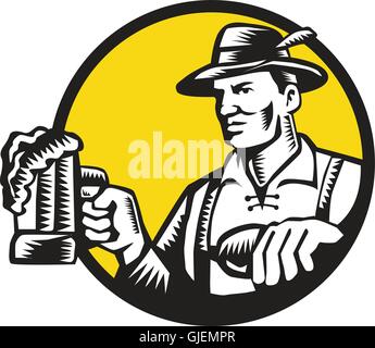Illustration of a Bavarian beer drinker holding beer mug wearing lederhosen and German hat looking to the side set inside circle done in retro woodcut style. Stock Vector