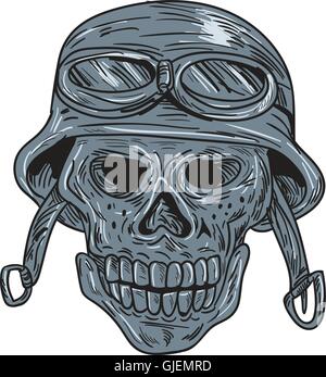 Drawing sketch style illustration of a skull biker wearing bike helmet viewed from front set on isolated white background. Stock Vector