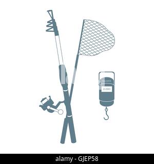 Stylized icon set of different tools for fishing on a white background Stock Vector