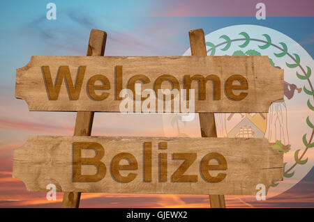 Welcome to  Belize sing on wood background with blending national flag Stock Photo