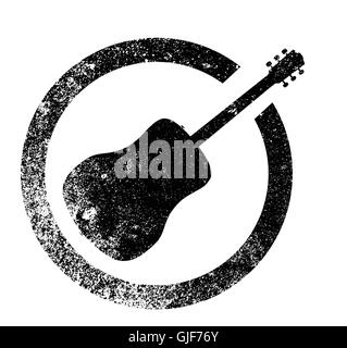 Acoustic guitar as as rubber ink stamp in black, isolated over a white background. Stock Vector