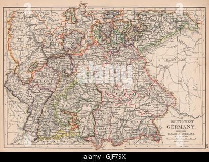 GERMANY SOUTH.Bavaria Bayen Baden Wurttemberg.Includes Alsace Lorraine, 1906 map Stock Photo