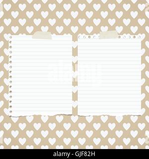 White ripped ruled notebook paper sheets are stuck on pattern of hearts Stock Vector