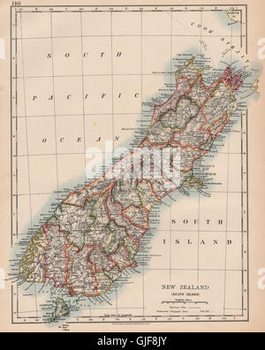 SOUTH ISLAND NEW ZEALAND. Showing counties. Telegraph cables. JOHNSTON, 1906 map Stock Photo