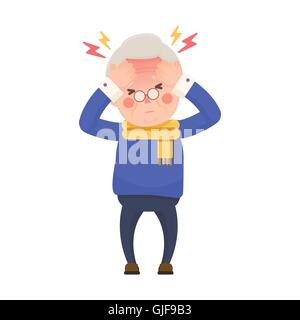 Vector Illustration of Sick Old Man Suffering from a Headache and High Temperature Holding Head in Hands. Cartoon Character. Stock Vector