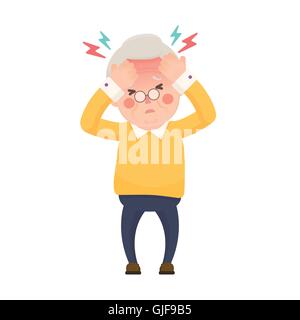Vector Illustration of Sick Old Man Suffering from a Headache and High Temperature Holding Head in Hands. Cartoon Character. Stock Vector