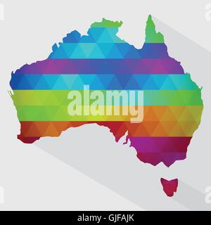 Map of Australia with colored geometric shapes, triangles, forming the colors of the rainbow. With long shadow. Stock Vector