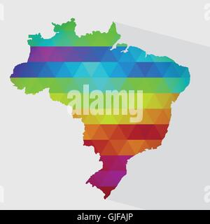 Map of Brazil with colored geometric shapes, triangles, forming the colors of the rainbow. With long shadow. Stock Vector