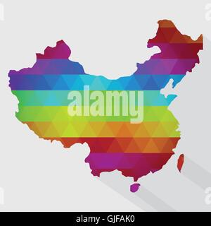 Map of China with colored geometric shapes, triangles, forming the colors of the rainbow. With long shadow. Stock Vector