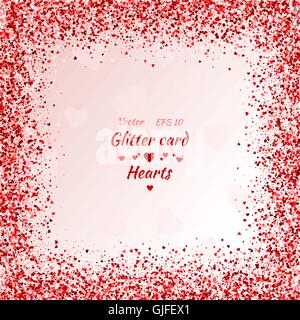 Vector card with shimmer. Greeting card with hearts. Red sparkle. Shimmer. Shiny card. Red sparkles. Frame of hearts. Border. Stock Vector