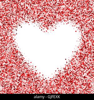 Vector card with shimmer. Greeting card with hearts. Red sparkle. Shimmer. Sparkles. Red frame of hearts. Border. Confetti. Stock Vector