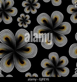 Seamless pattern with white tiare flower. Dots, doted pattern. Monoi flower. Black background. Stock Vector
