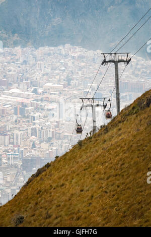 Running from the edge of Quito up the east side of Pichincha mountain, the Teleférico is one of the highest aerial lifts in the world. Stock Photo