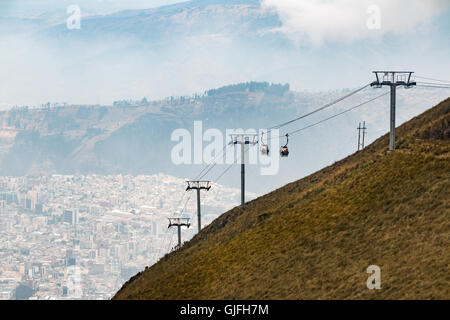 Running from the edge of Quito up the east side of Pichincha mountain, the Teleférico is one of the highest aerial lifts in the world. Stock Photo