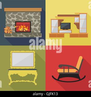 Fireplace home decoration icon set, flat style. Digital vector image Stock Vector