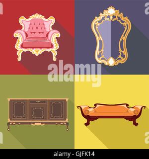 Living room home decoration icon set, flat style. Digital vector image Stock Vector