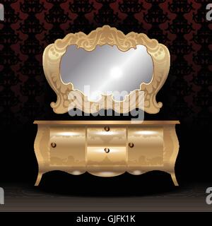 Golden royal mirror and desk, flat style over dark red background. Digital vector image Stock Vector