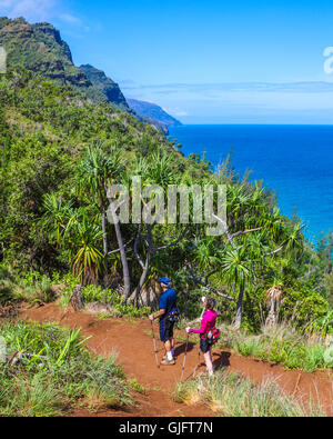 Senior man hikes by ocean cliffs. Older male admires sea view, smiles ...