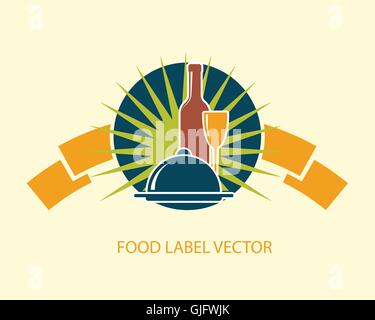 food emblem label with wine bottle, wineglass and dish abstract vector illustration Stock Vector