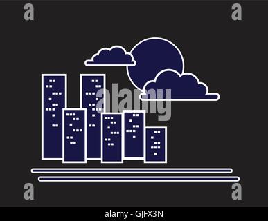 night city symbol with buildings moon and clouds on dark background abstract vector illustration Stock Vector