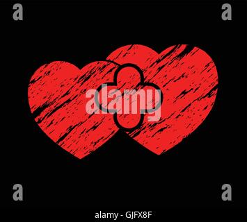 two red grunge hearts on black background abstract vector illustration Stock Vector